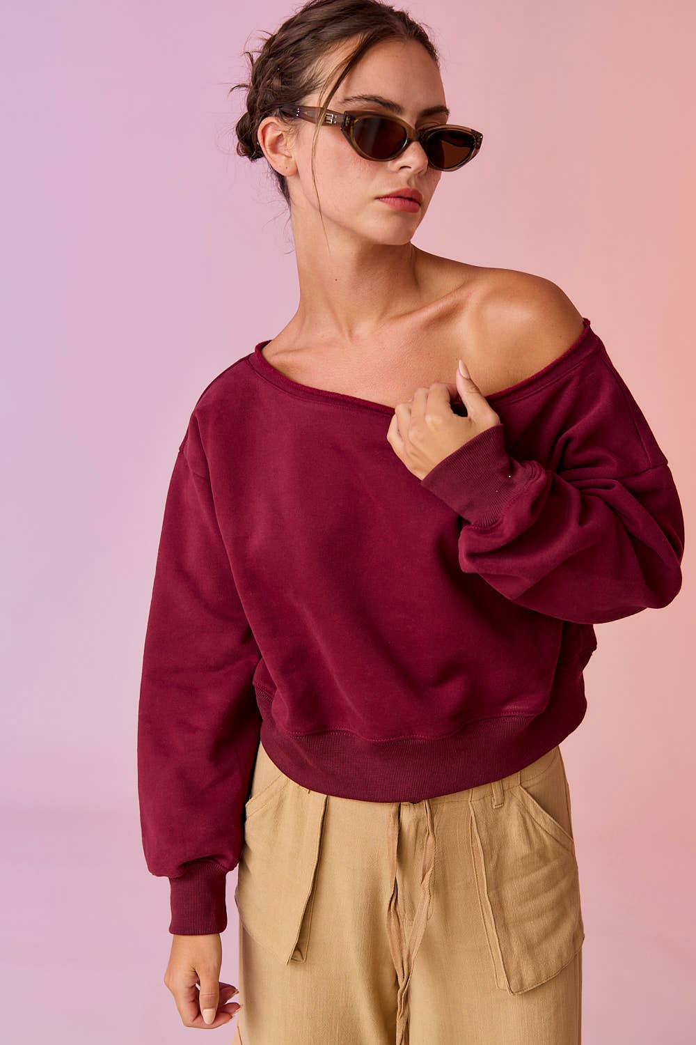 PT17835 - Alina Off Shoulder Cropped Sweatshirt: Black