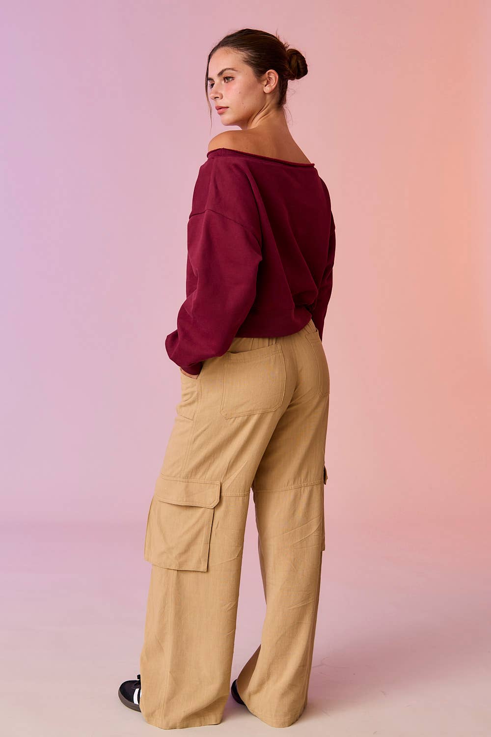 PT17835 - Alina Off Shoulder Cropped Sweatshirt: Pink