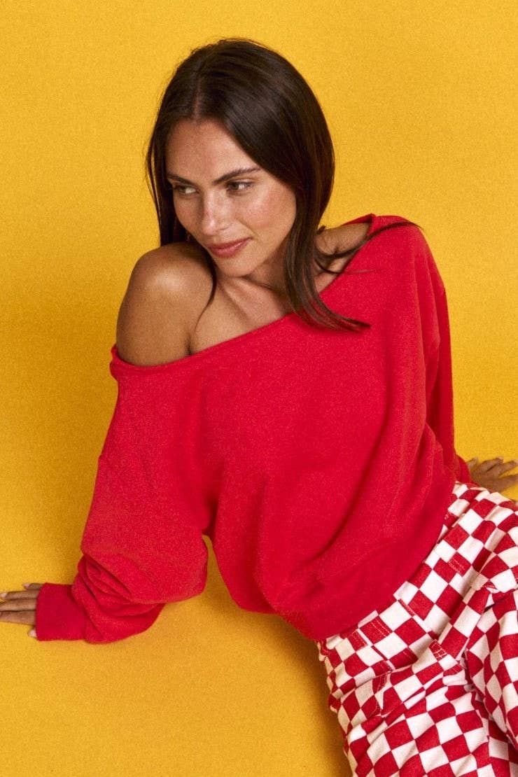 PT17835 - Alina Off Shoulder Cropped Sweatshirt: Pink