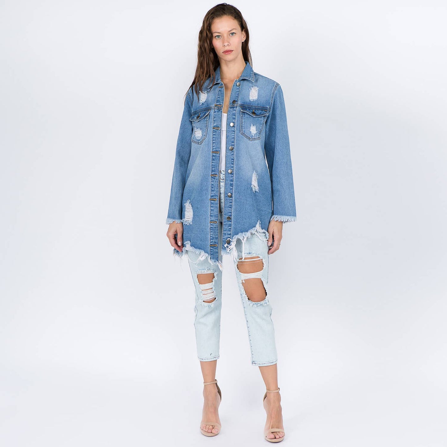 DISTRESSED DENIM SHIRT STYLE JACKET-BLUE