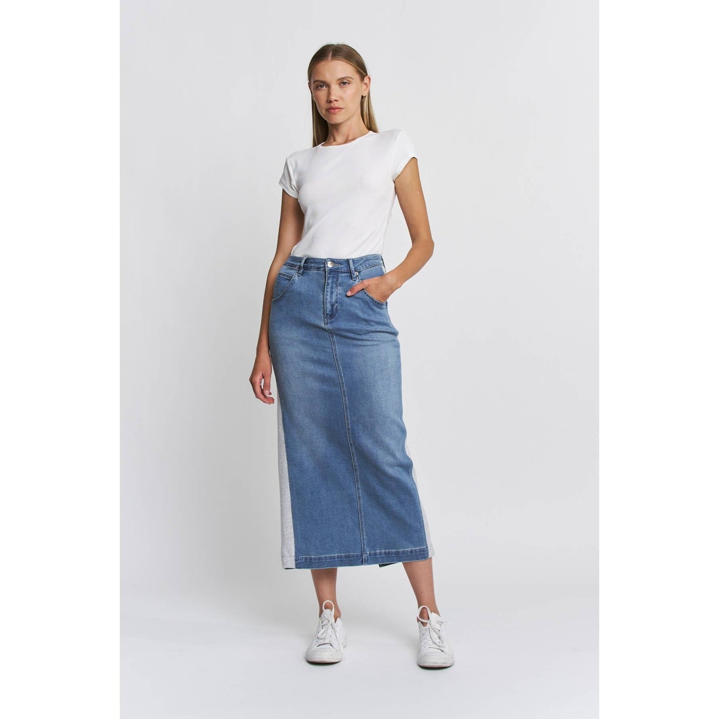 HIGH RISE MIDI SKIRT INDIGO PANELS: TERRY BLUE