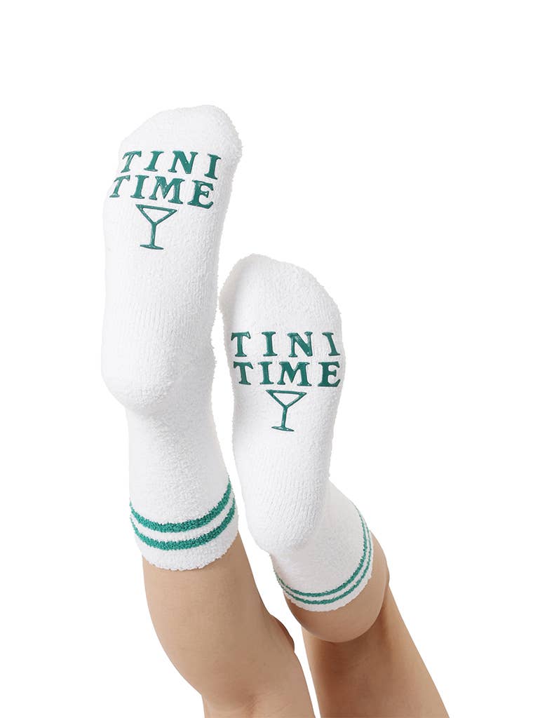 Fuzzy Crew Socks w/ Bottom Grip Phrase - "Tini Time"