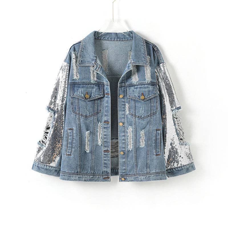 Loose Sequin Ripped Denim Coat