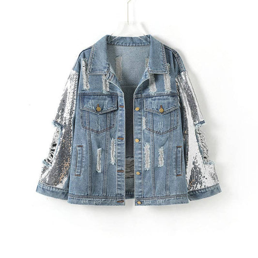Loose Sequin Ripped Denim Coat
