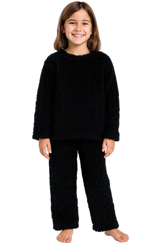 Kids Cable Fuzzy Sherpa Fleece Pajama Sets: BLACK