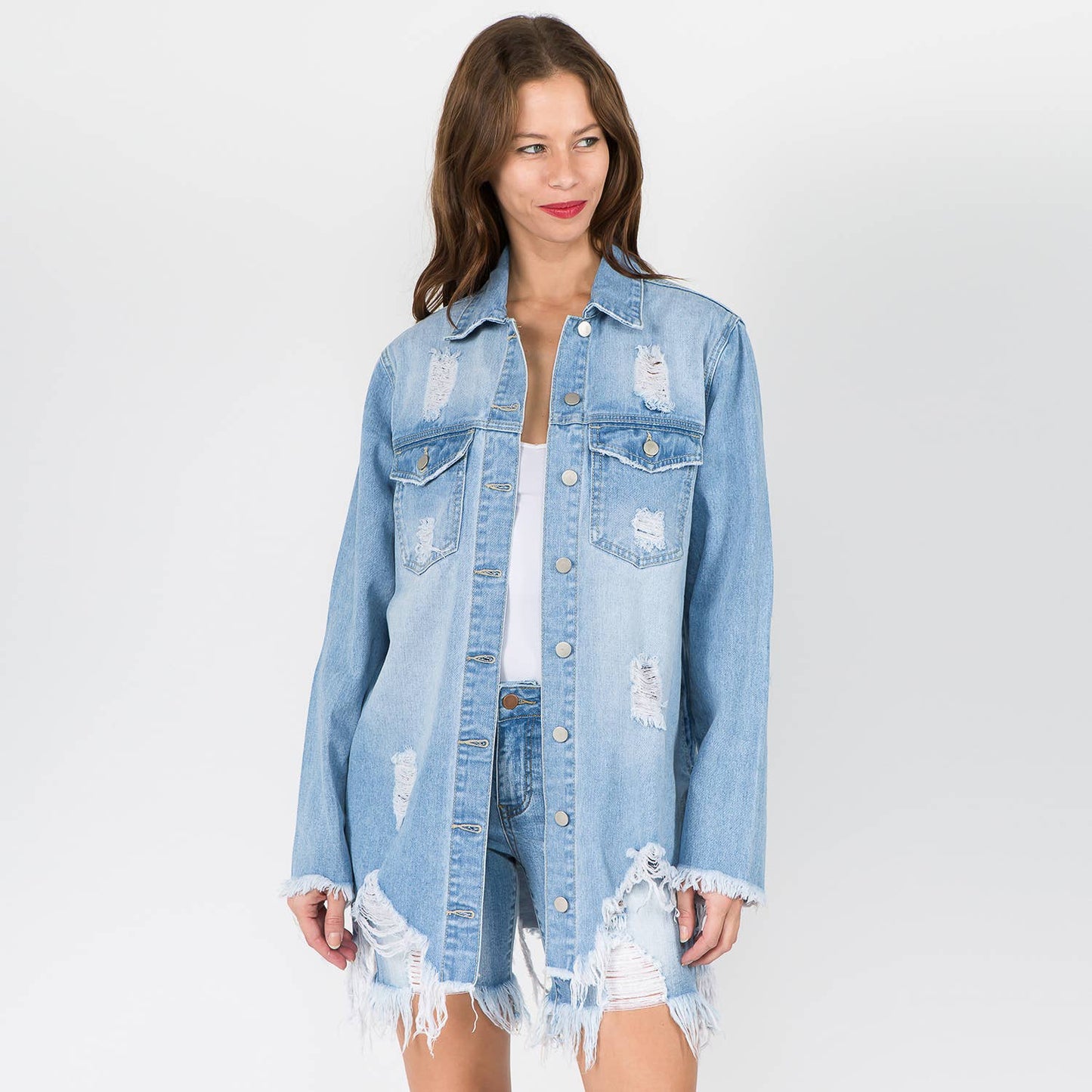 DISTRESSED DENIM SHIRT STYLE JACKET-WHITE