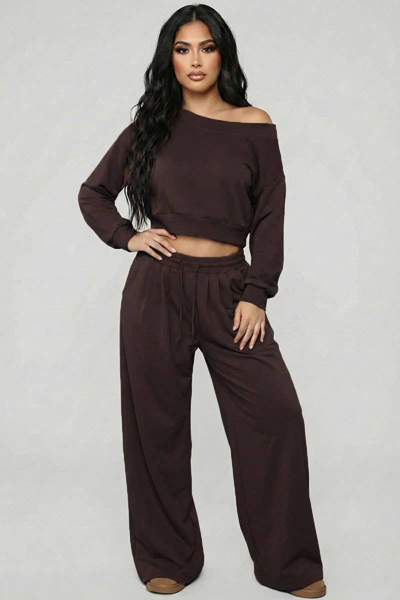 Effortless Ease French Terry Off-Shoulder Lounge Set: Deep Navy