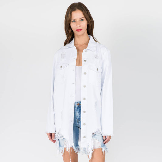 DISTRESSED DENIM SHIRT STYLE JACKET-WHITE