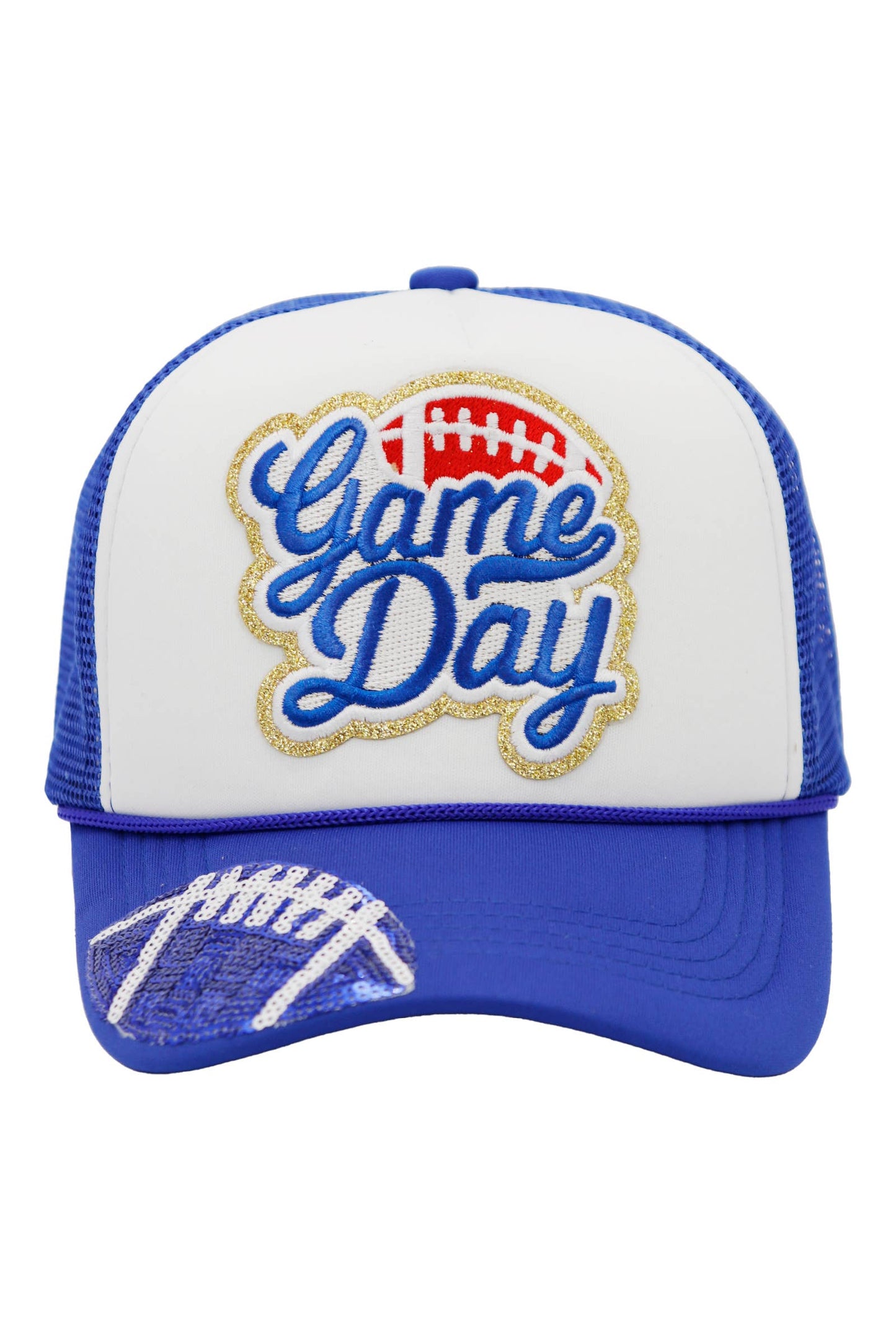 Football Gameday Patch Sponge Trucker Hat: White/Royal Blue