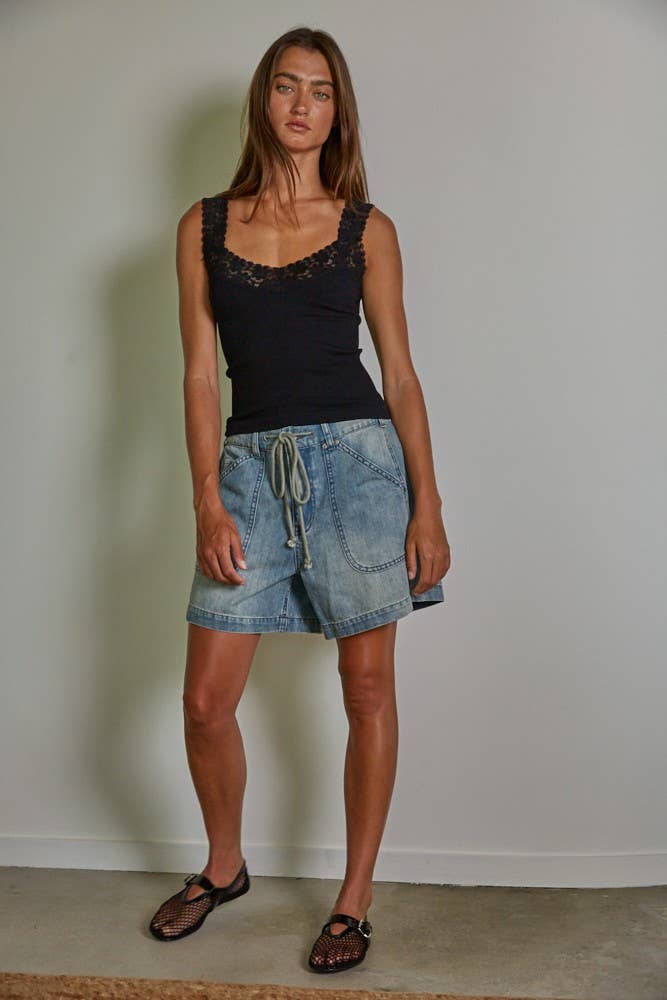 Knit Seamless Ribbed Tank Top with Lace Trim: Black