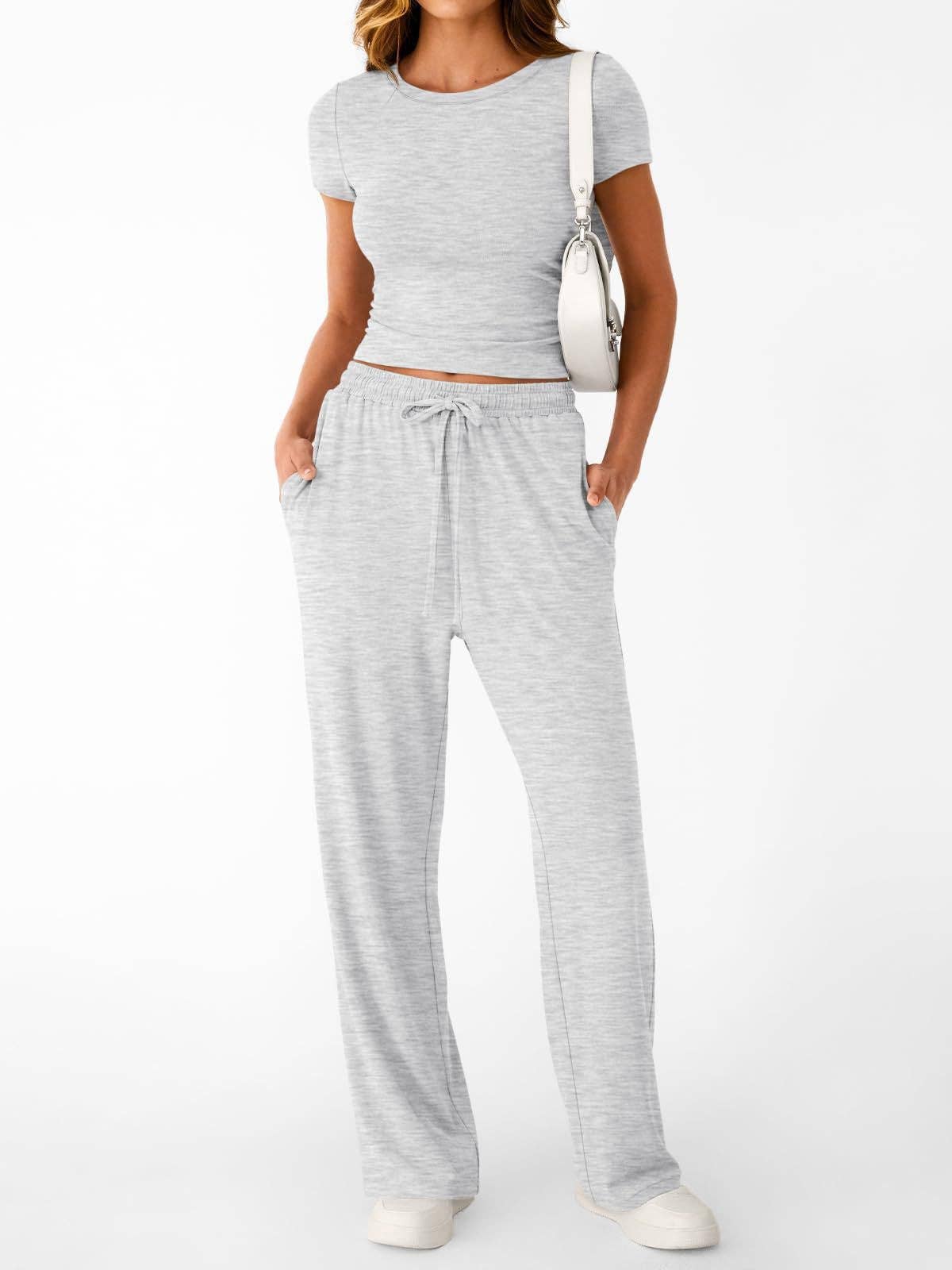 Casual Two Piece Set Crop Tee and Wide Leg Pants Set