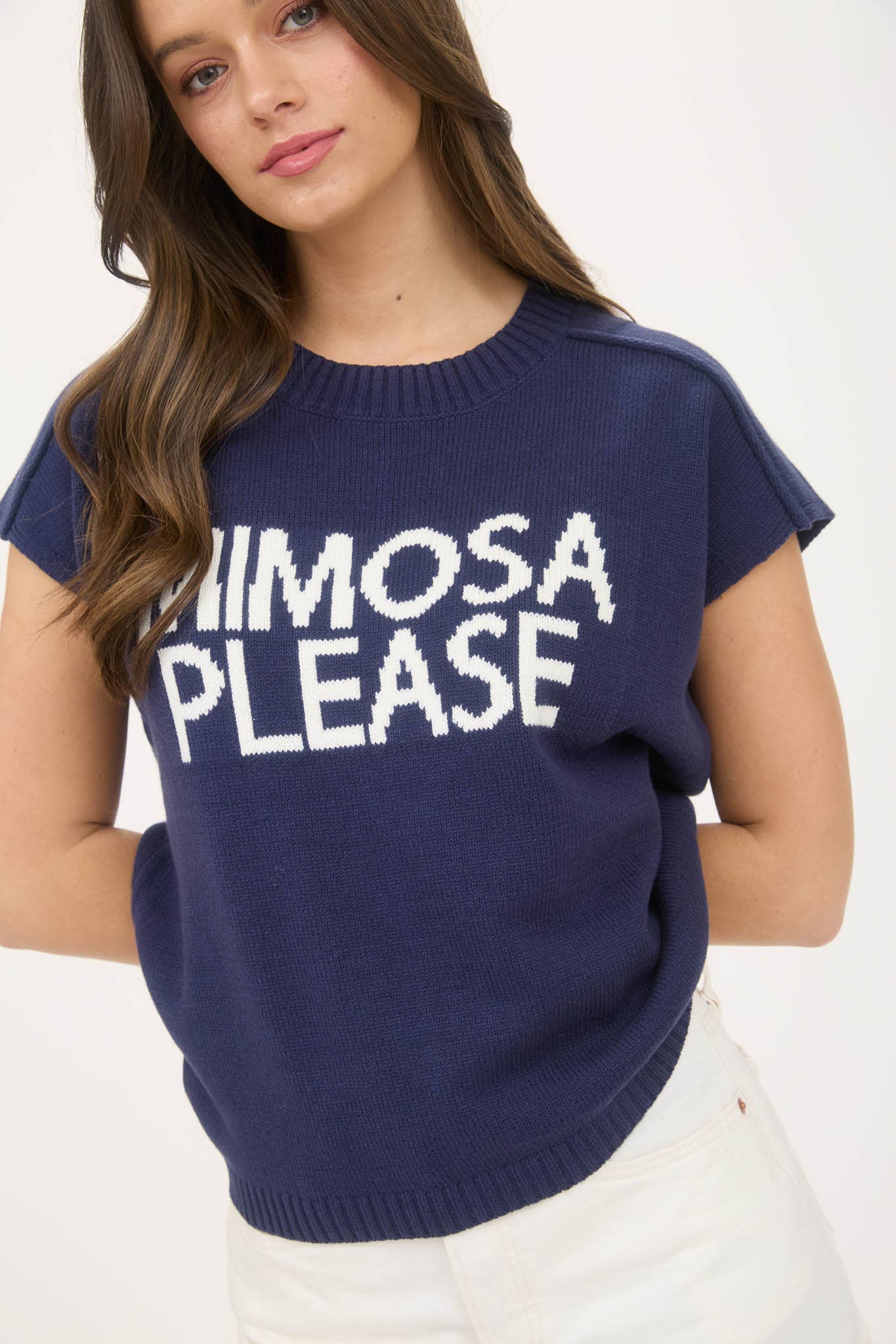 MIMOSA PLEASE SHORT SLEEVE PULLOVER SWEATER: NAVY