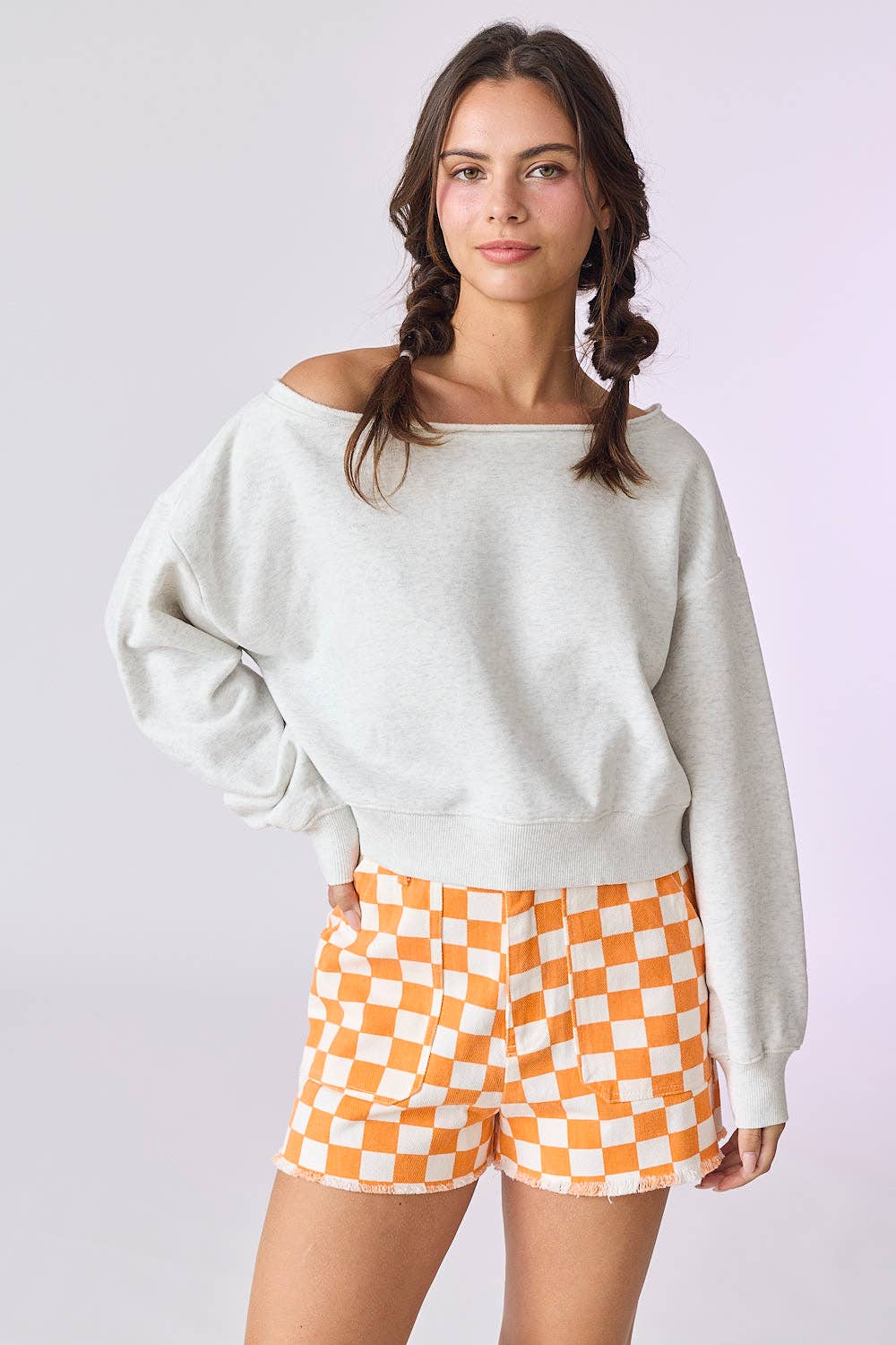 PT17835 - Alina Off Shoulder Cropped Sweatshirt: Pink
