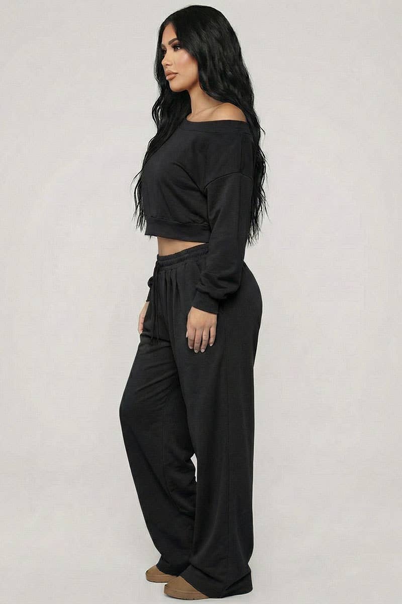 Effortless Ease French Terry Off-Shoulder Lounge Set: Charcoal Grey