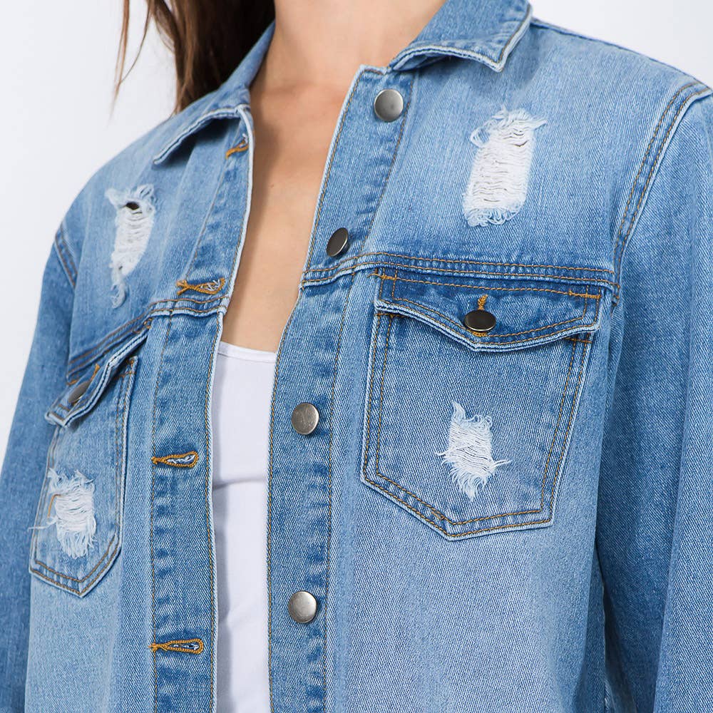 DISTRESSED DENIM SHIRT STYLE JACKET-WHITE