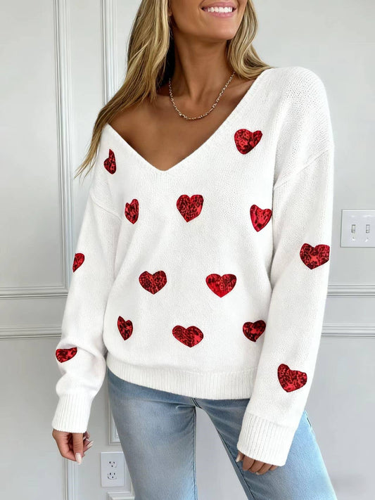 Valentines Sequin Heart Embroidered V-Neck Sweater