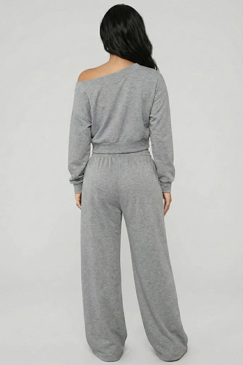 Effortless Ease French Terry Off-Shoulder Lounge Set: Deep Navy