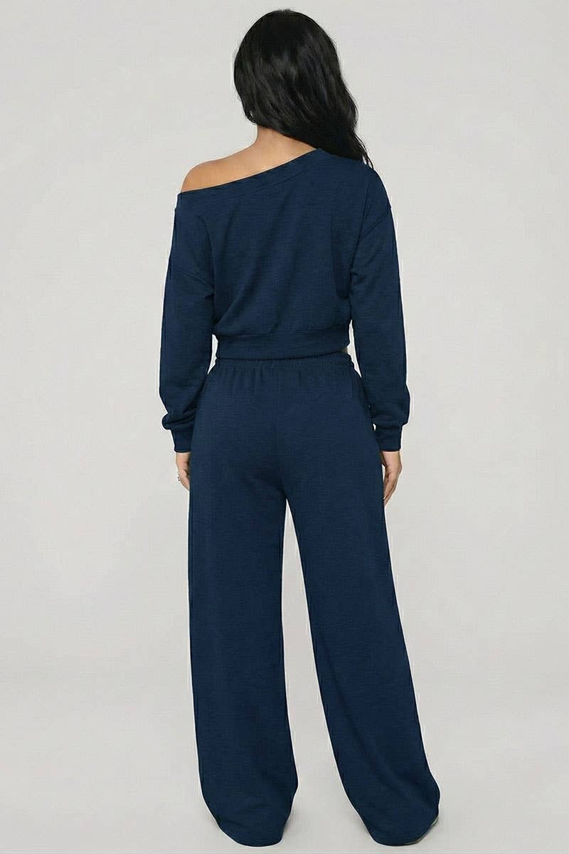 Effortless Ease French Terry Off-Shoulder Lounge Set: Charcoal Grey