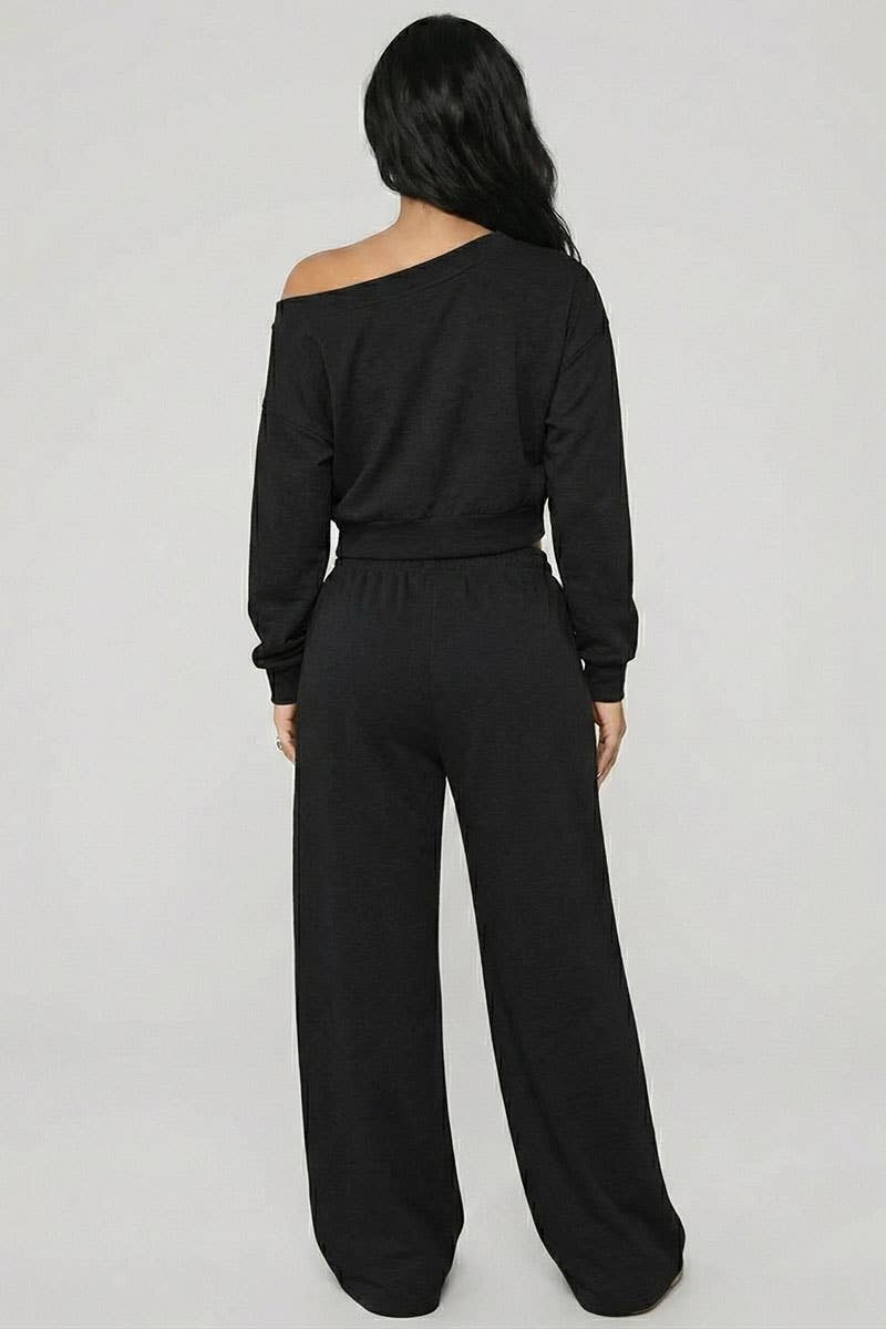 Effortless Ease French Terry Off-Shoulder Lounge Set: Deep Navy