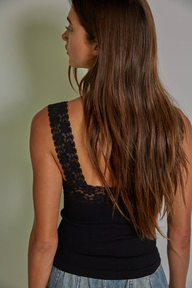 Knit Seamless Ribbed Tank Top with Lace Trim: Black