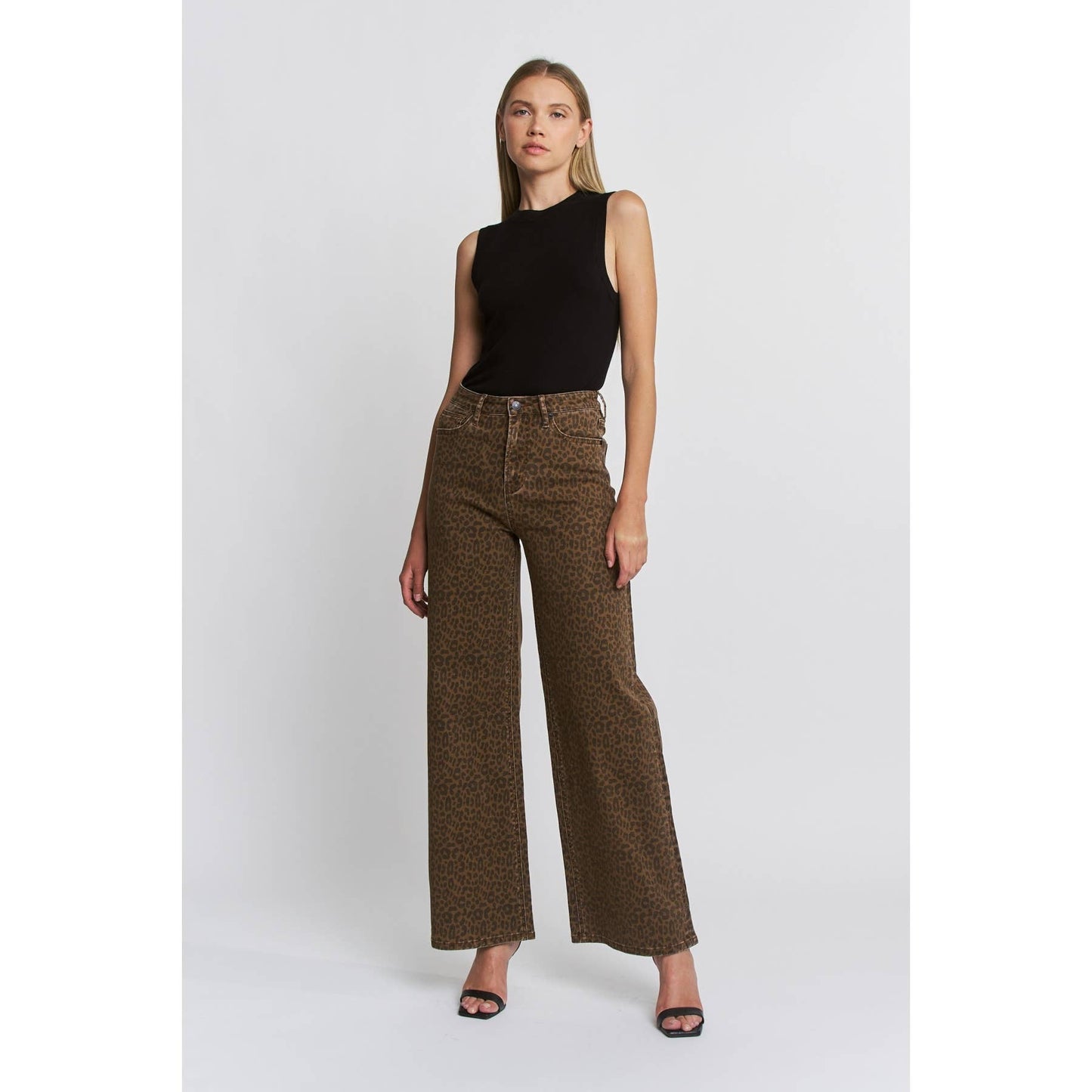 SUPER HIGH WIDE LEG LEOPARD JEANS: BROWN DERBY