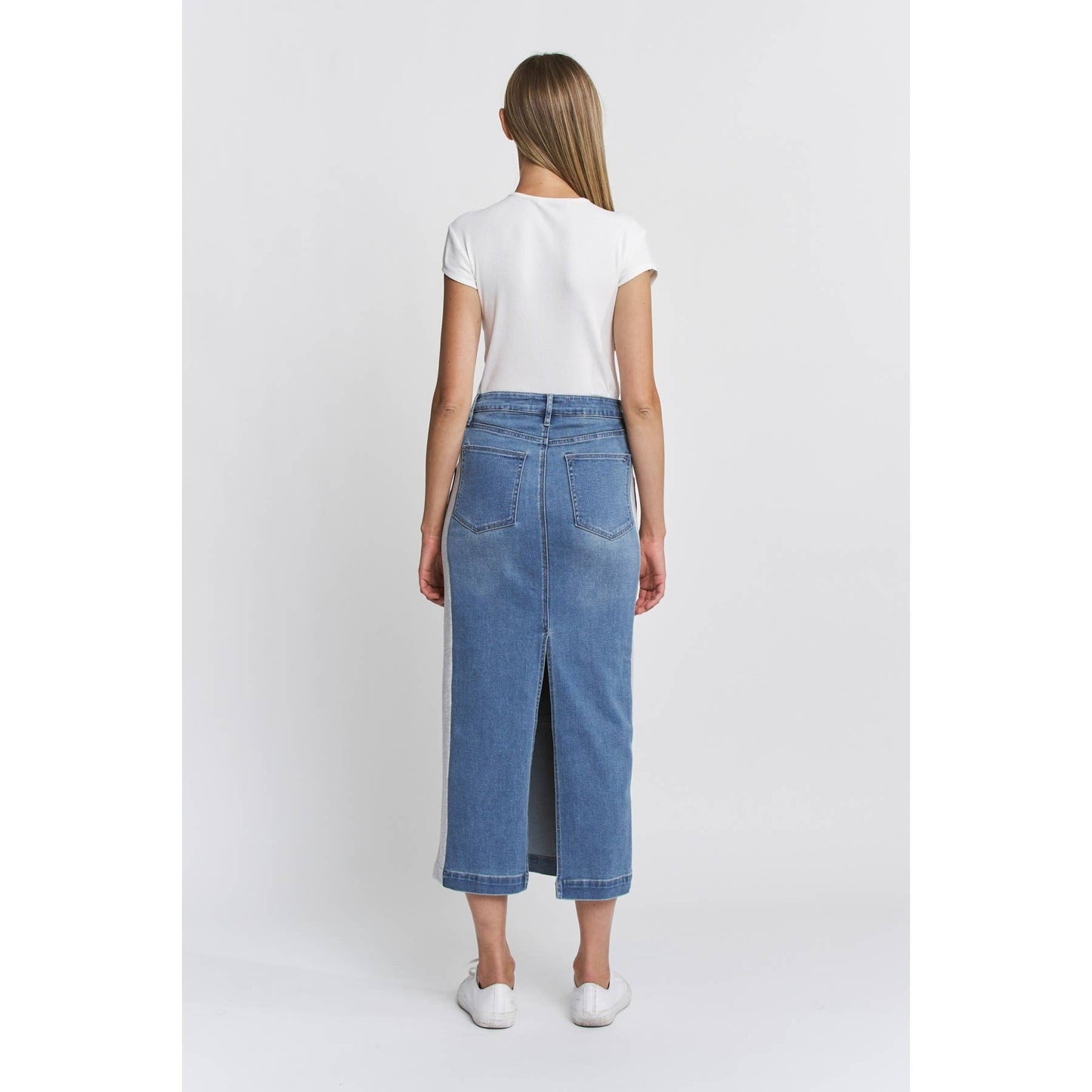 HIGH RISE MIDI SKIRT INDIGO PANELS: TERRY BLUE