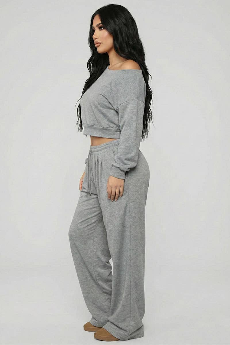 Effortless Ease French Terry Off-Shoulder Lounge Set: Charcoal Grey