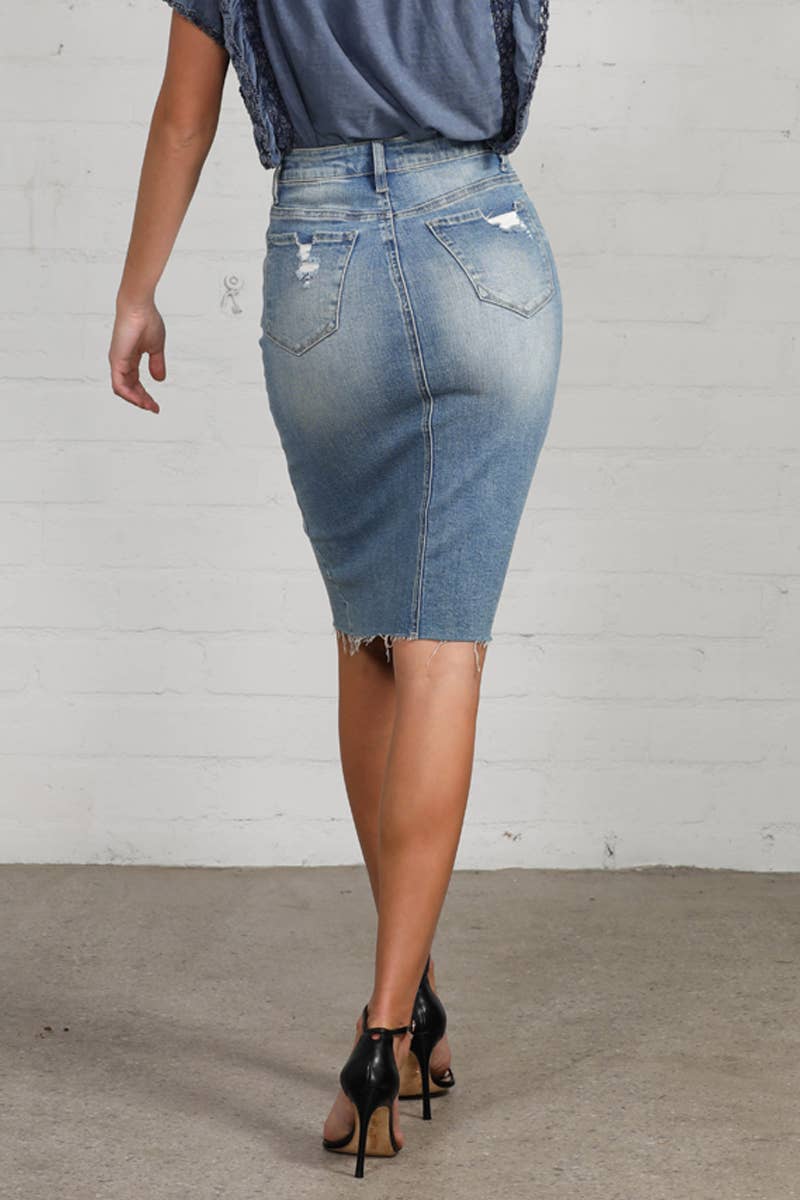 High Rise Stretch Raw Hem Knee Length Denim Skirt