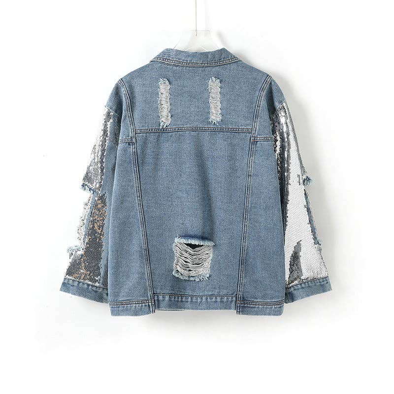 Loose Sequin Ripped Denim Coat