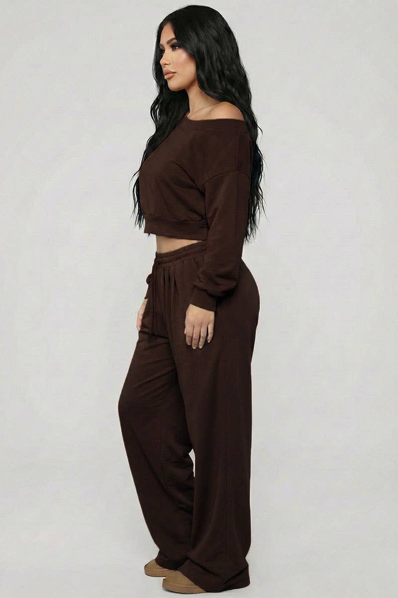 Effortless Ease French Terry Off-Shoulder Lounge Set: Charcoal Grey