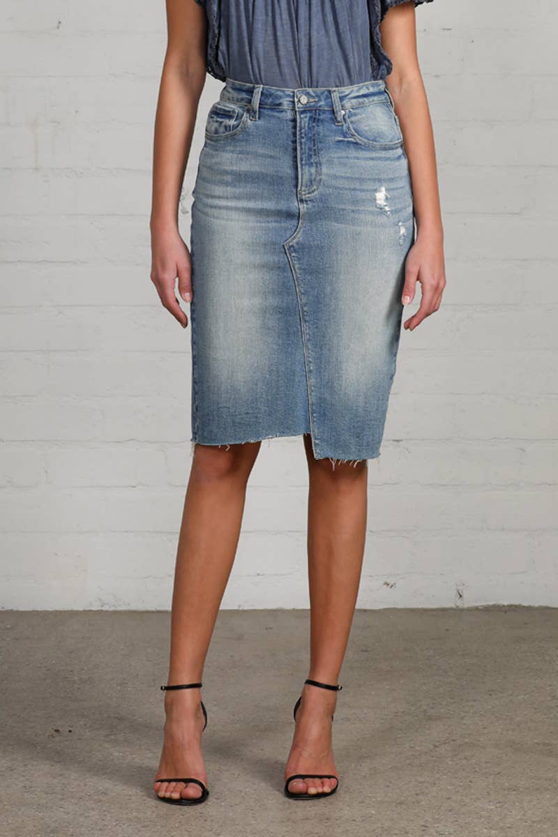 High Rise Stretch Raw Hem Knee Length Denim Skirt