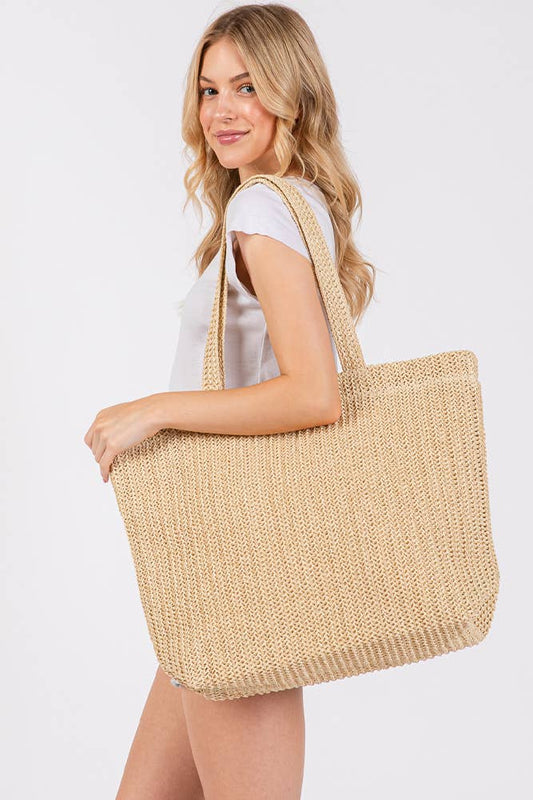 Solid Color Crochet Summer Straw Tote Bag: Beige