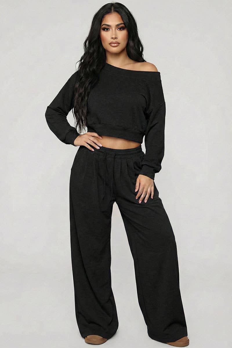 Effortless Ease French Terry Off-Shoulder Lounge Set: Deep Navy